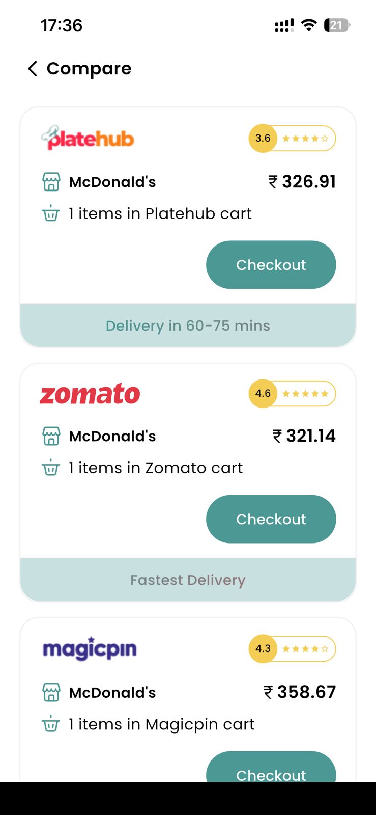 GetDirect food price comparison app interface